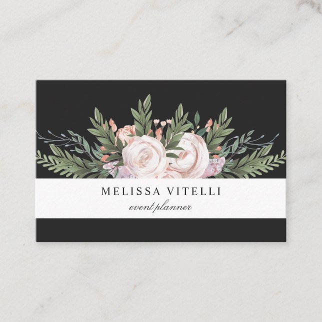 Elegant Stylish Painted Boho Flowers | Black Business Card (Front)