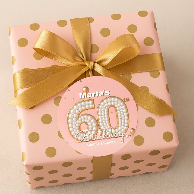 Elegant Stylish Pearl Gold Soft Pink 60th Birthday Classic Round Sticker (Creator Uploaded)