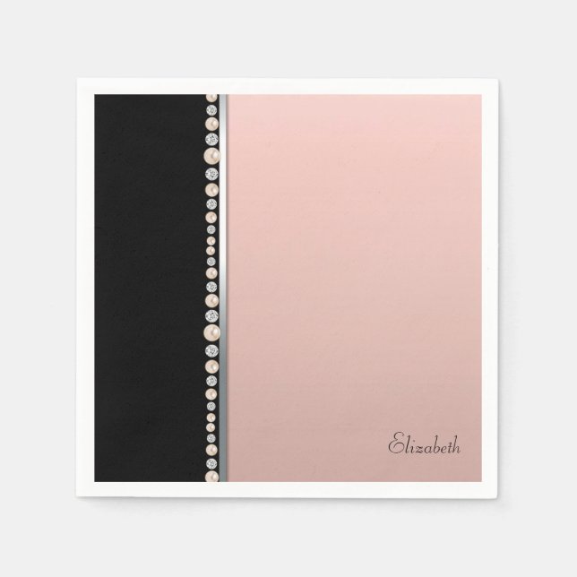 Elegant Stylish Pearls Diamonds Black Pink Napkin (Front)