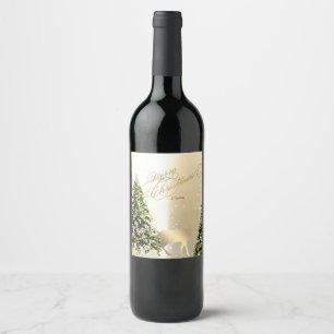 Elegant,Stylish Pine Trees,Christmas Reindeer  Wine Label