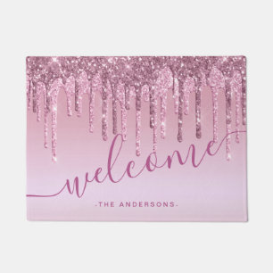 Elegant stylish pink rose gold glitter drips doormat