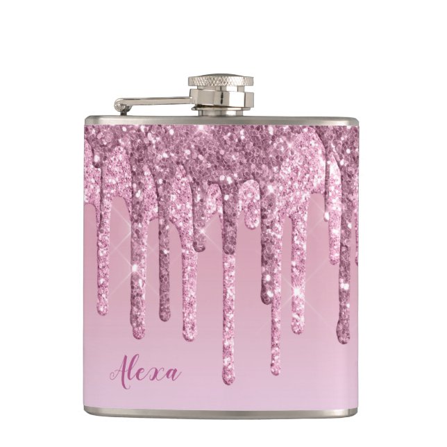Elegant stylish pink rose gold glitter drips hip flask (Front)