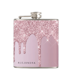 Elegant stylish pink rose gold glitter drips hip flask