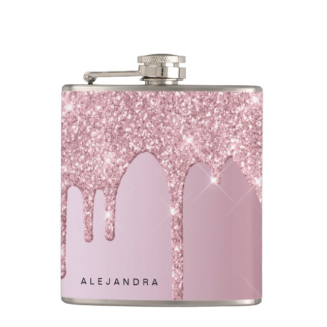 Elegant stylish pink rose gold glitter drips hip flask (Front)