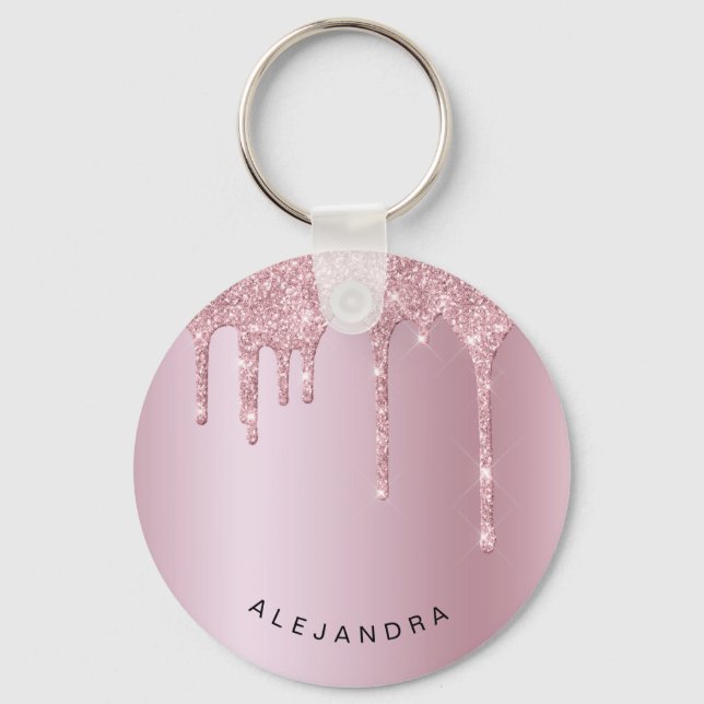 Elegant stylish pink rose gold glitter drips key ring (Front)