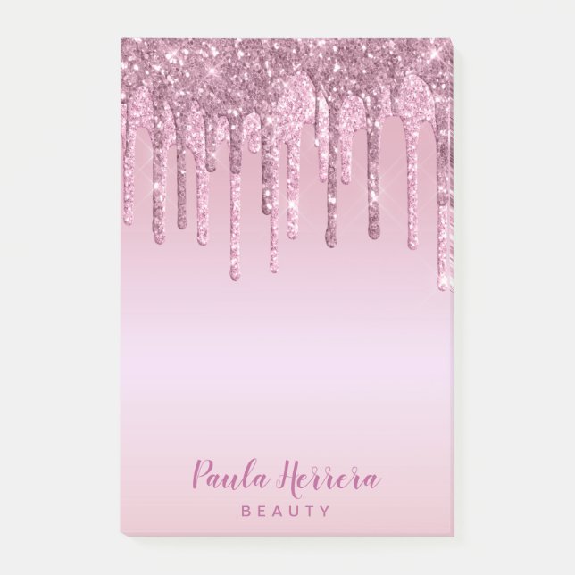 Elegant stylish pink rose gold glitter drips post-it notes (Front)