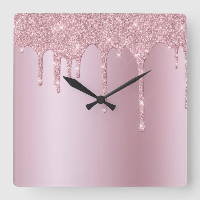 Elegant stylish pink rose gold glitter drips square wall clock (Front)