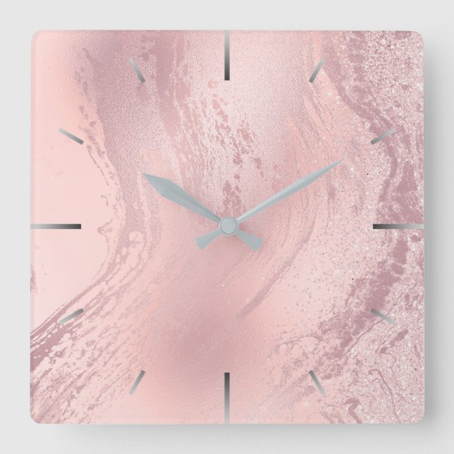 Elegant stylish pink rose gold glitter marble square wall clock (Front)