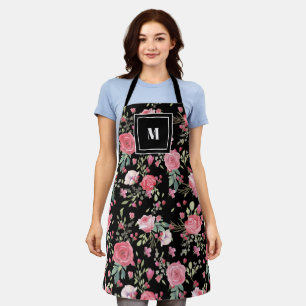Elegant Stylish Pink Roses Black Monogram Apron