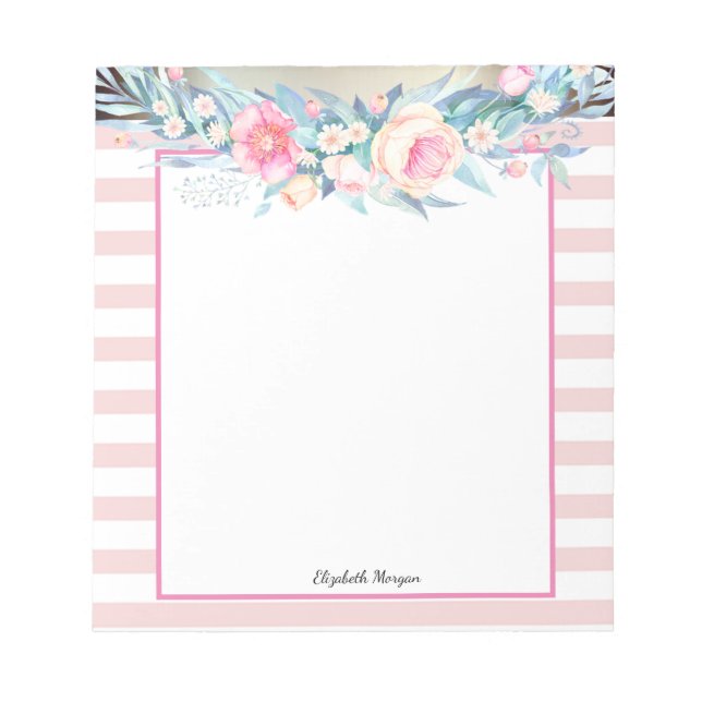 Elegant Stylish Pink  Stripes,Watercolor Flowers Notepad (Front)