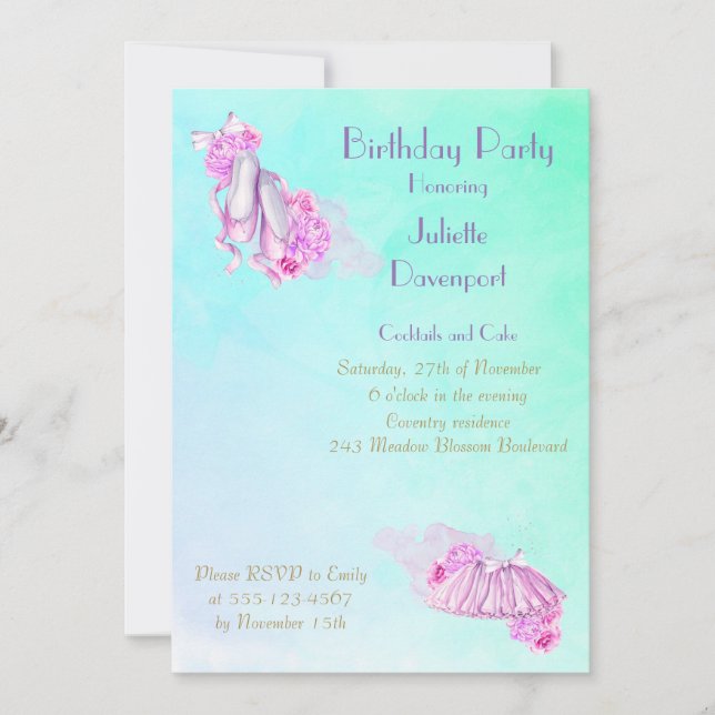 Elegant Stylish Pink Watercolor Ballet Birthday Invitation (Front)