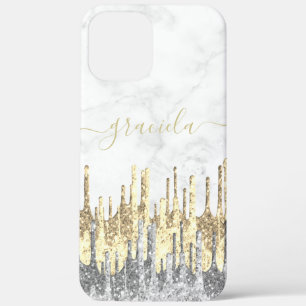Elegant stylish pretty glitter drips white marble iPhone 12 pro max case