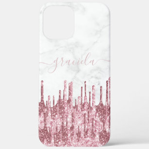 Elegant stylish pretty glitter drips white marble iPhone 12 pro max case