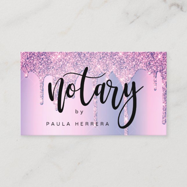 Elegant stylish purple glitter drips notary business card (Front)