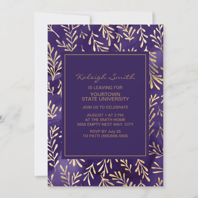 Elegant Stylish Purple Gold Leaves Trunk Party Card (Front)
