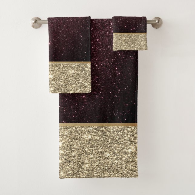 Elegant Stylish Red Gold Glitter Burgundy Bath Towel Set (Insitu)