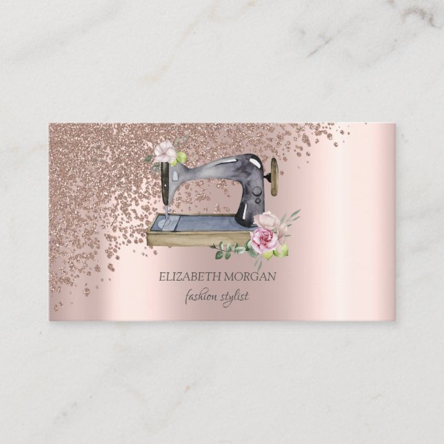 Elegant Stylish Rose Gold Diamonds Sewing Machine Business Card (Front)