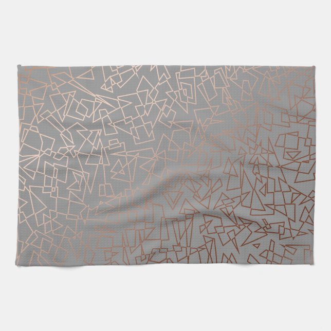 Elegant stylish rose gold geometric pattern grey tea towel (Horizontal)