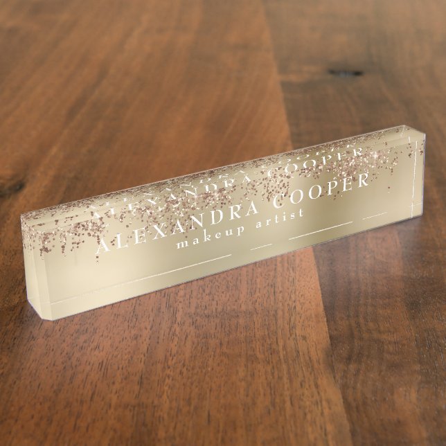 Elegant stylish rose gold glitter makeup artist nameplate (Side)