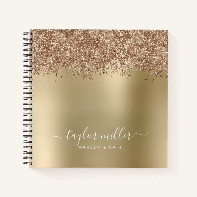 Elegant stylish rose gold glitter makeup & hair notebook (Front)