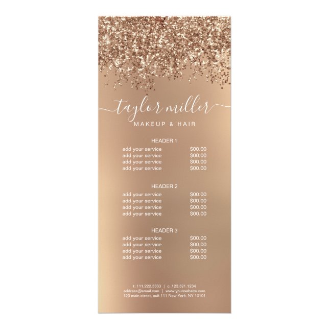 Elegant stylish rose gold glitter makeup & hair  rack card (Front)