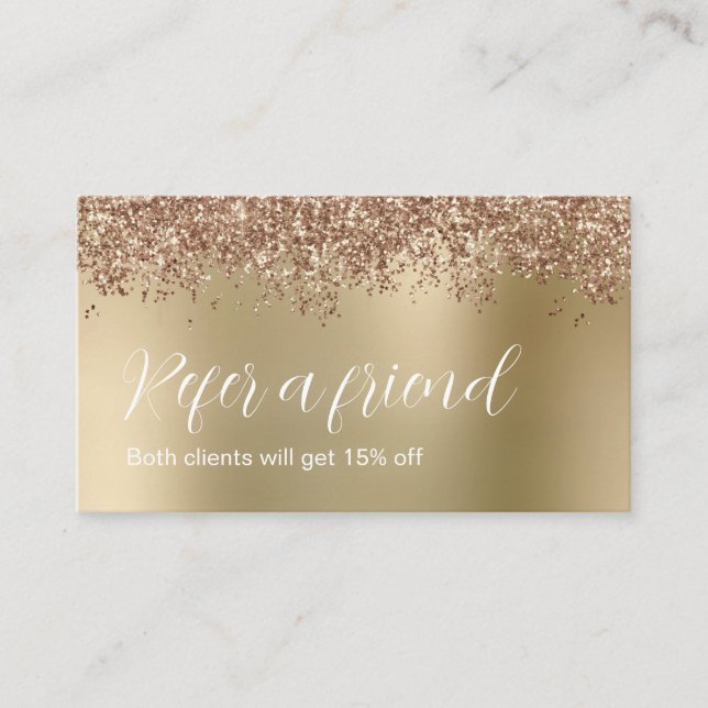 Elegant stylish rose gold glitter makeup & hair  referral card (Front)