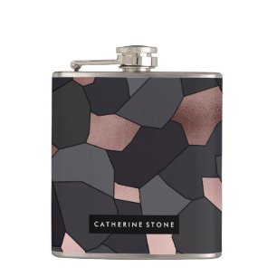 Elegant stylish rose gold grey and black mosaic hip flask