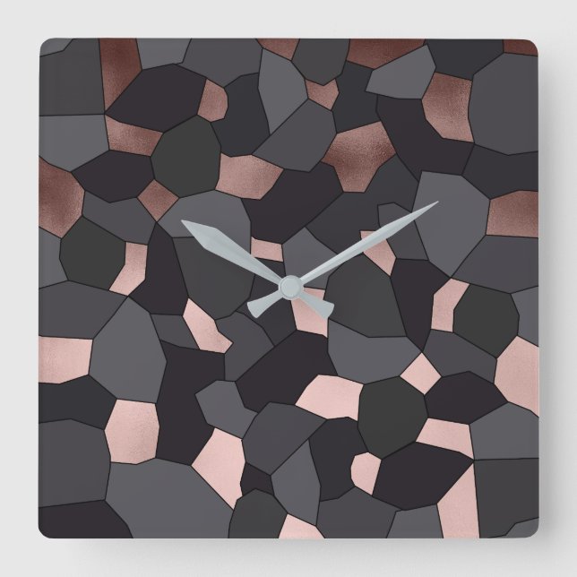 Elegant stylish rose gold grey and black mosaic square wall clock (Front)