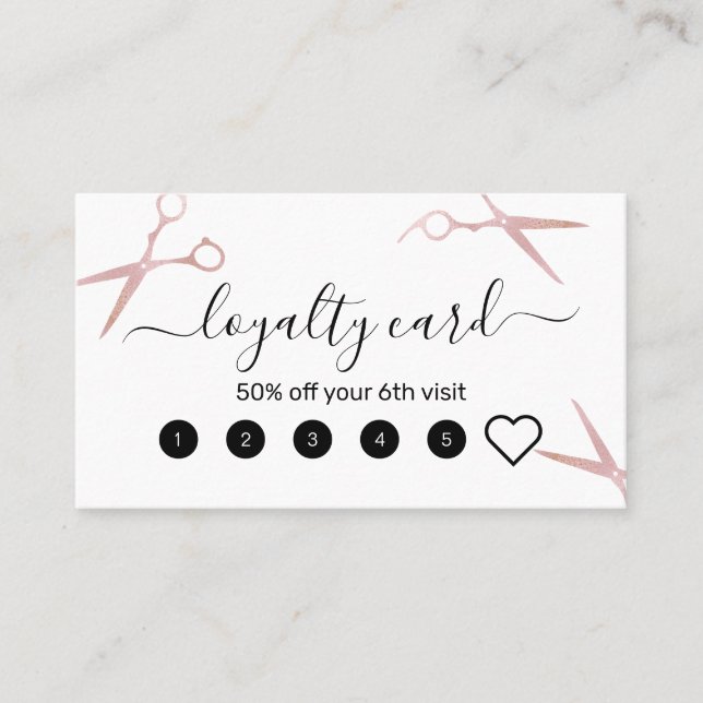 Elegant stylish rose gold scissors hairstylist loyalty card (Front)