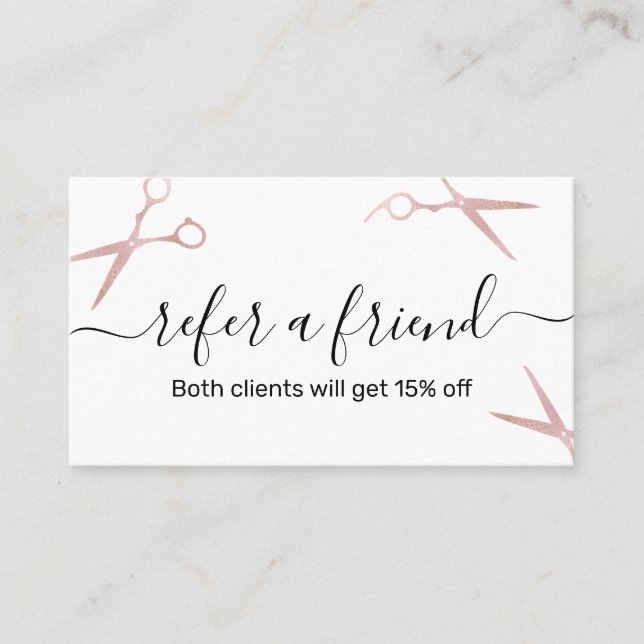 Elegant stylish rose gold scissors hairstylist referral card (Front)