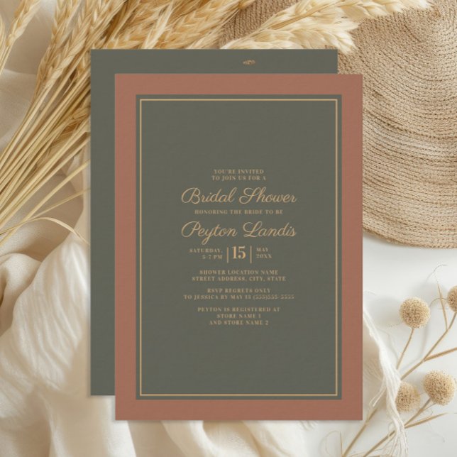 Elegant Stylish Rust Moss Green Autumn Bridal Invitation (Burnt orange/terracotta and dark sage/olive green bridal shower invitation)