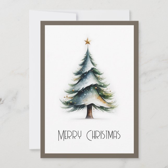 Elegant Stylish Rustic Watercolor Christmas Tree  Holiday Card (Front)