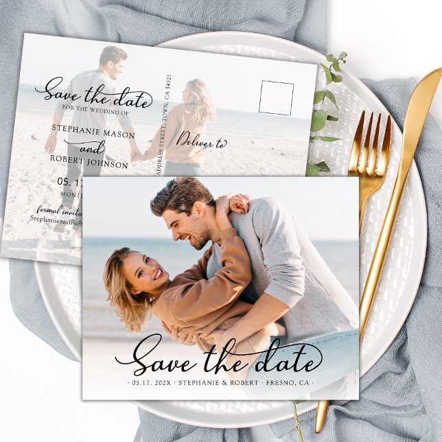 Elegant Stylish Script Photo Wedding Save The Date Announcement Postcard (Creator Uploaded)