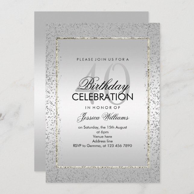 Elegant Stylish Silver Confetti 40th Birthday Invitation (Front/Back)
