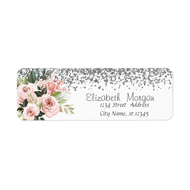 Elegant  Stylish Silver Diamonds Flowers Return Address Label (Front)