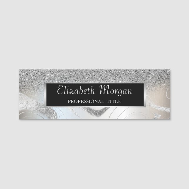 Elegant Stylish Silver Glitter Frame Name Tag (Front)