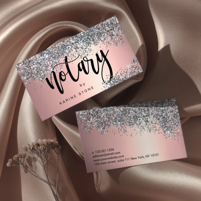 Elegant stylish silver glitter metallic notary business card (Creator Uploaded)