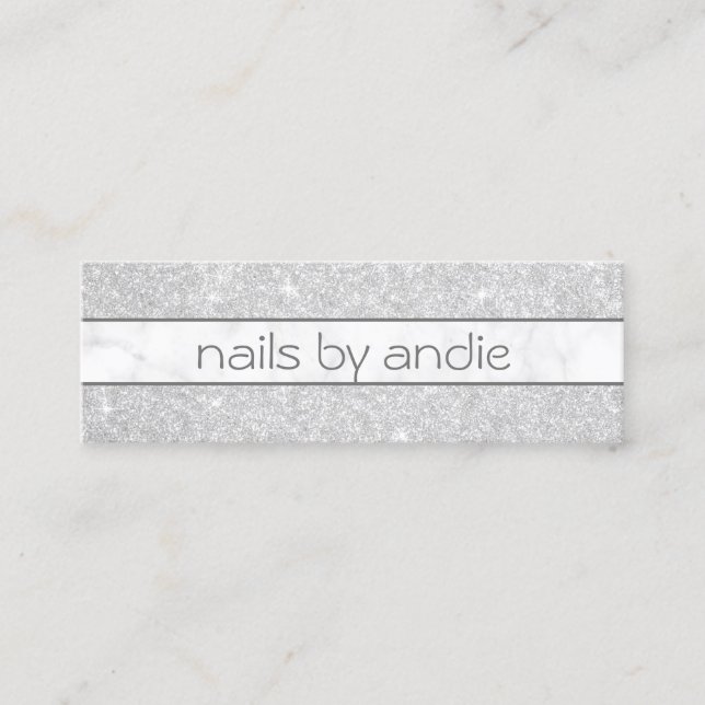 Elegant stylish silver glitter white marble nails mini business card (Front)