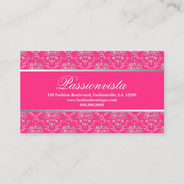 Elegant Stylish Silver Pink Damask Business Card (Front)