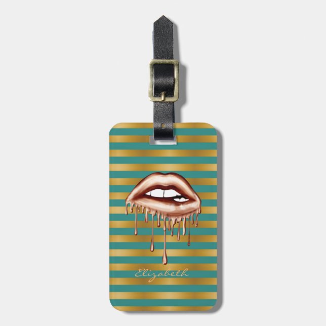 Elegant Stylish Stripes  Metallic Dripping Lips Luggage Tag (Front Vertical)