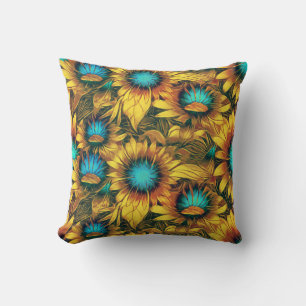 Elegant Stylish Sunflower Yellow Teal Floral Cushion