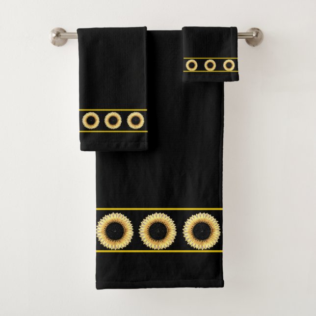 Elegant, Stylish Sunflowers on Black Bath Towel Set (Insitu)