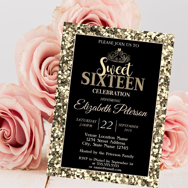 Elegant Stylish Tiara,Gold Sequins  Sweet 16 Part Invitation (Creator Uploaded)