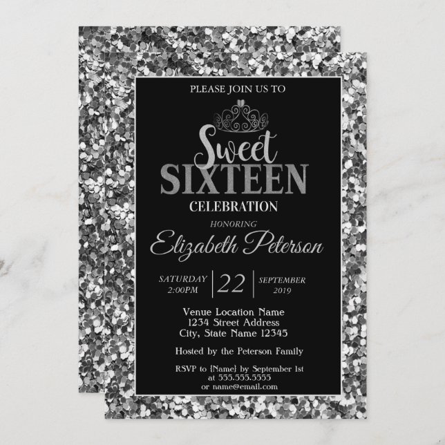 Elegant Stylish Tiara,Silver Sequins Sweet 16 Part Invitation (Front/Back)