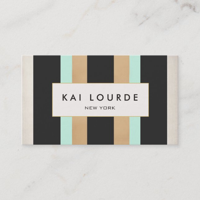 Elegant Stylish Turquoise Gold and Black Striped Business Card (Front)