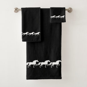Elegant Stylish White Horses on Black Bath Towel Set