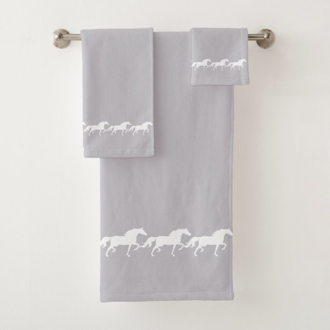 Elegant Stylish White Horses on Silver Gray Bath Towel Set (Insitu)