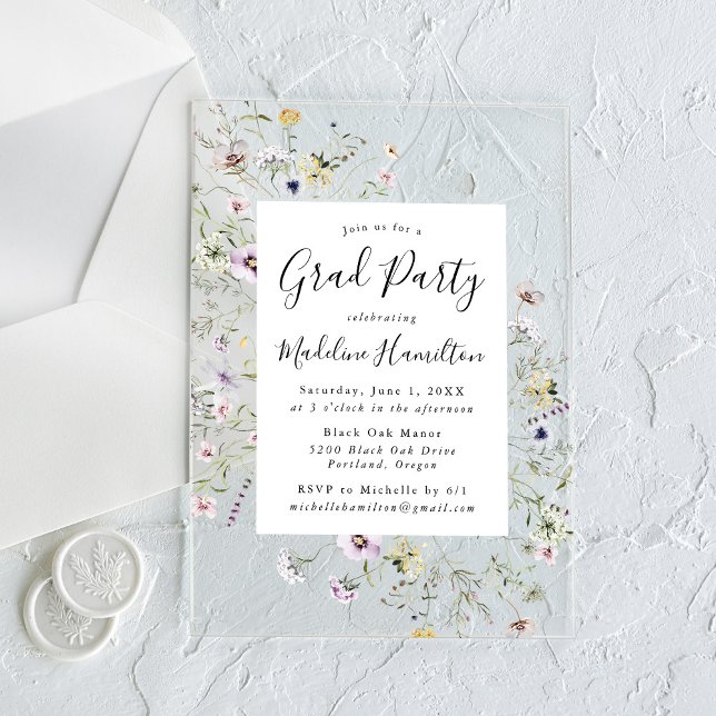 Elegant Subtle Wildflowers Graduation Party Acrylic Invitations (Creator Uploaded)
