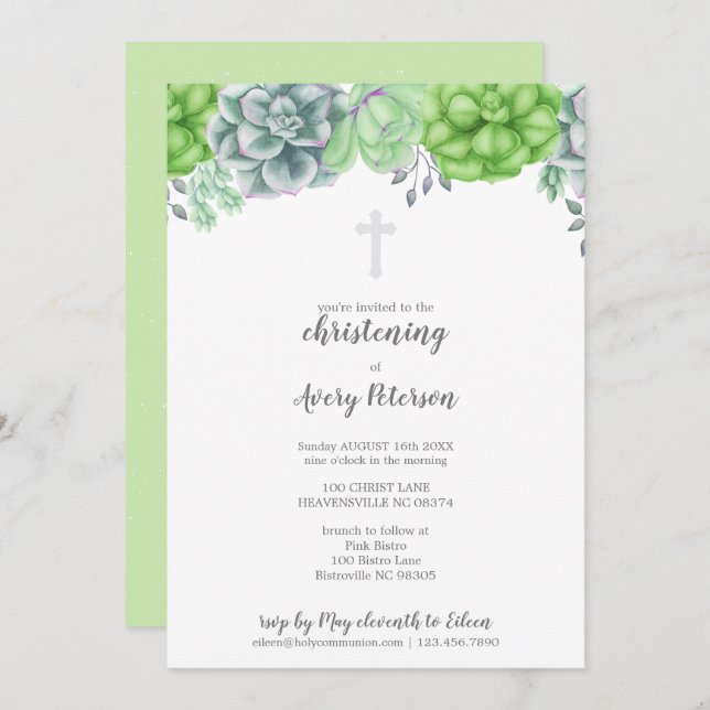 Elegant Succulent Cross Christening Religious Invitation (Front/Back)
