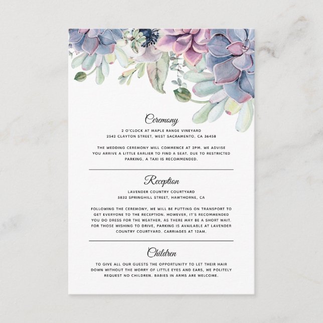 Elegant Succulent Florals Wedding Information Enclosure Card (Front)